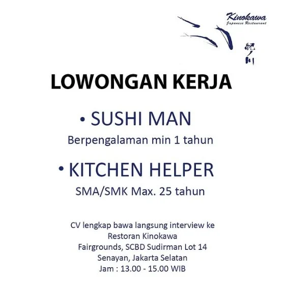 Flyer loker Sushi Man & Kitchen Helper di Kinokawa Japanese Restaurant